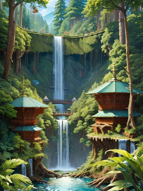 (masterpiece high quality) (extremely detailed:1.6) 16k, 32k, (forest waterfalls:1.6) (intricated detailing of background:7.4 mountais flowers plants small river trees birds squirells butterflies)