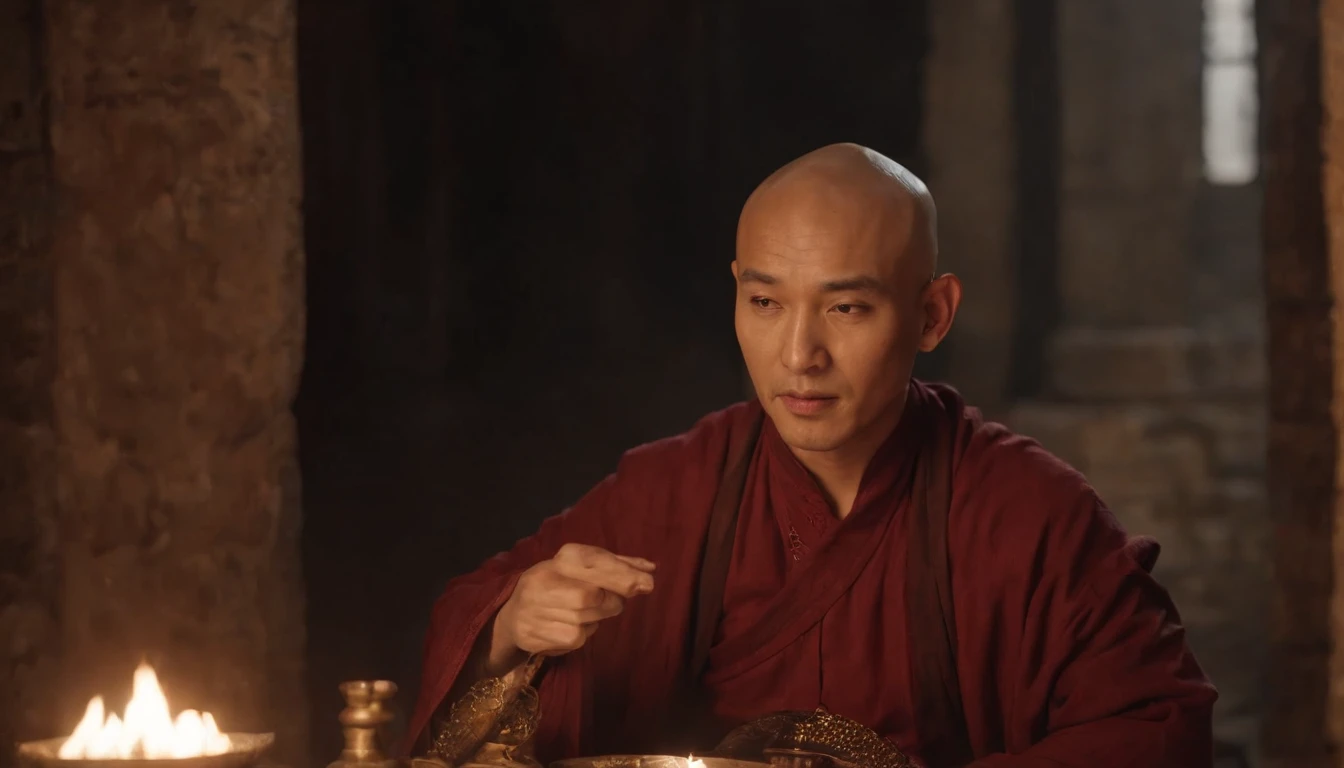 A handsome, Handsome, Strong, Muscular, A bald monk of the Uyghur ethnic group，sits at a table，Hold your cheek with your right hand，Eyes closed slightly，Sideslit，There was an oil lamp on the table，Dark tone，Cinematic footage，Front Shooting，Perfectcompositi...