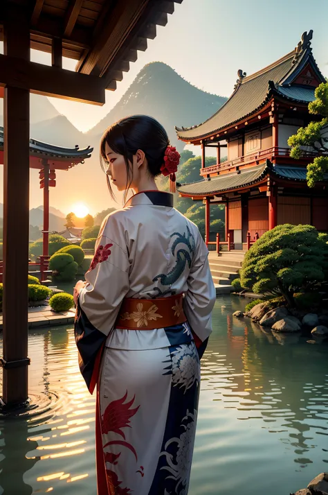 Japanese back in kimono with a dragon drawn on the back of the kimono. sunset. Chinese temple surrounded by vegetation and water. Very detailled. chef doeuvre