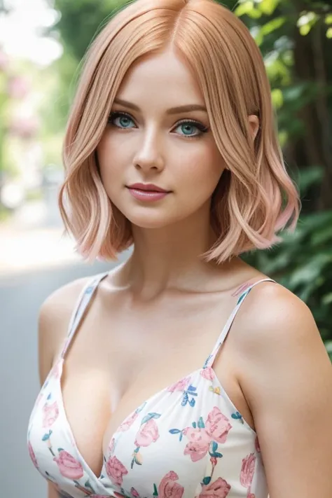 Petite 30 year old woman with light strawberryblonde hair in a straight undercut bob and striking blue eyes wearing eye liner, pink lips, in a white summer dress, detailed face, cleavage