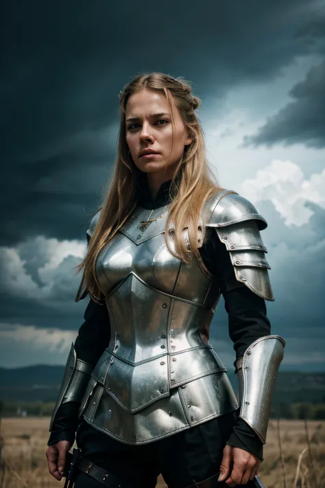 Beautiful 30 years old woman warrior named Anja Svansson, standing on the battlefield, full medieval armor, angry face, determination, RAW photo, dynamic pose, long blonde hair, high detail face, direct look, high detail hands, high detail eyes, white skin...