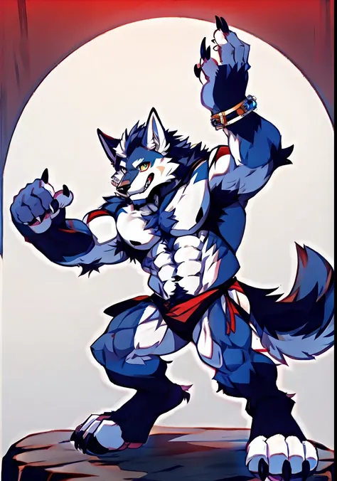 Human-wolf，musculous，Hairy all over，clawed paws，erect through