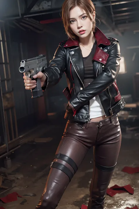 Resident evil, Beautiful Claire Redfield, Recreate the gun in detail、Elaborate face、Best Beauties、Standing with long legs open、beauty legs、Red tight pants、Black leather jacket、Holding a handgun、Lively shots、White T-shirt stained with sweat and mud、Tight-fi...