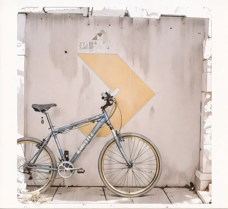 Theres a bike in high definition, encostada a uma parede com uma seta amarela, bicicleta no fundo, granulado, bicicleta, , ocultar geometria, geometria, ciclismo!!, foto granulada, cor polaroid foto, Bicicletas, Geometrical, foto mid shot, illustartion, ex...