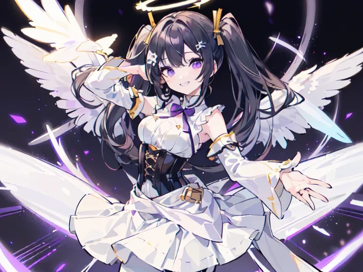 (solo, dynamic pose, bust up, flying, white skirt, white pantyhose black hair, twintails, white skirt, corset, halo, delicate face, little girl, medium breast, round eyes, wing on the waist, purple eyes, god ray, smile with grin, happy:1.4)