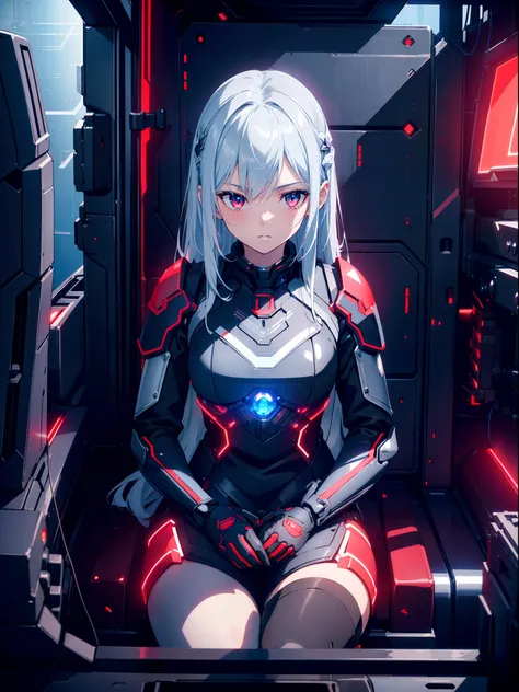 1 cute girl ,darkness,  (((red and blue lighting))),(cinematic lighting), black mechanical suit, sitting on narrow mechanical cockpit, cowboy shot, (front viewer), character focus , (from above:0.8),silver hair ,(((sci-f))) , ((masterpiece)), ((best qualit...