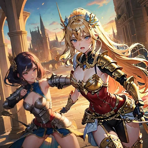 official art, masterpiece, girls,fighting,punching another,sexy fantasy armour, hair ornament, epic scenery,