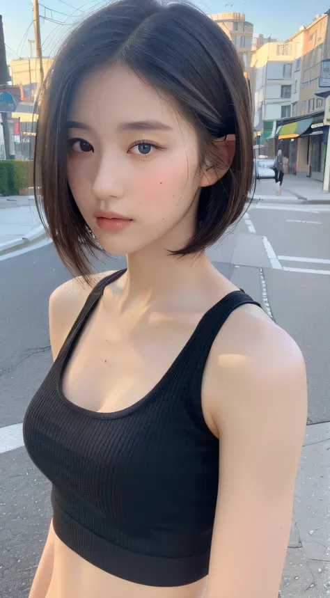 ((Best quality, 8k, Masterpiece :1.3)), Sharp focus: 1.2, Perfect Body Beauty: 1.4, Slim Abs: 1.2, ((Layered hairstyle: 1.2)), (Tank top shirt:1.1), (Street: 1.2), Highly detailed face and skin texture, Fine eyes, Double eyelids