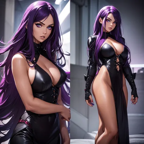 Long shot full body photo, women, 8k,hyper realistic,purple black gothic theme,Megann fox,sharp features,buxom,tan skin, purple hair and eyes, digital art,anime,clear skin, beautiful