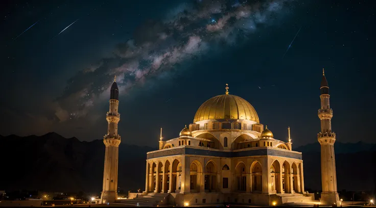 Galaxy background, Antique architecture，babel，Mountains，the night，Stars，Mosque，Golden Palace，Islamic culture，Greek classical culture，Interstellar culture