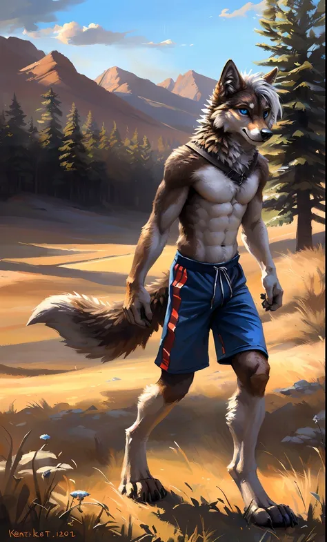 ((Solo)), male people, anthro wolf, (Multi-colored fur, White-brown:1.3，White tail pointed), (Height 2.1m,Tail length 1.2m), ((Wolf face, White hair, Big eyes, White eyelids, Blue pupil, Slim:1.2) (Tough, Calm expression:1.2)), Abs, Slim, pinging)), (Corre...