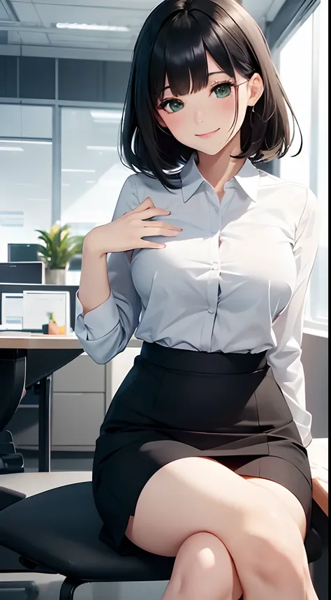 /(Modern office indoors/), 1 Lady Solo, /(Black medium hair/) Bangs, /(Office Casual Pencil Mini Skirt Green/) /(ID Card/), blush gentle smile, (masterpiece best quality:1.2) Delicate illustrations High resolution super detail, Large breasts,White panty