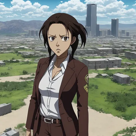 Attack on Titanscreencap of a brown skin female with brown medium locs hair, big lips and brown eyes. beautiful scenery behind her. she is wearing a suit. Mappa, season 4. Wit studio screencap