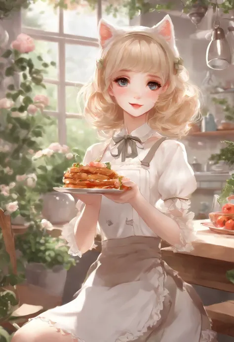 (best quality,4k,8k,highres,masterpiece:1.2),ultra-detailed,realistic,photorealistic:1.37,white-dressed,pixiv-artstation-inspired,anime-style,blonde-haired,cat-eared,girl in a garden,making breakfast in the kitchen,lolita dressed,small-curvy-lolita with de...