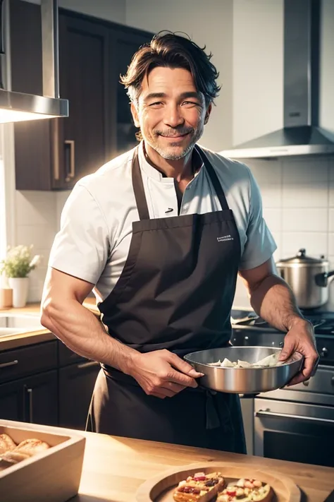 A chief, master cook in a clear and modern kitchen, smiling, handsome, tipical. 40 years old.