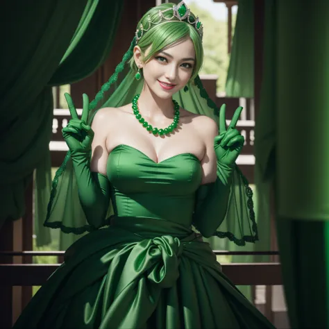 emerald tiara, Green Pearl Necklace, Boyish very short green hair, lipsticks, Japan woman smiling, very short short hair, big breasts beautiful, Green eyes, Long green gloves made of satin material, Green eyes, Emerald Earrings, green vale, v sign