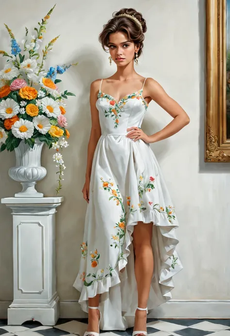 quadro de uma linda e formosa jovem usando um longo vestido florido, branco, com  flores delicadas, olhar cativante; ao lado de ...