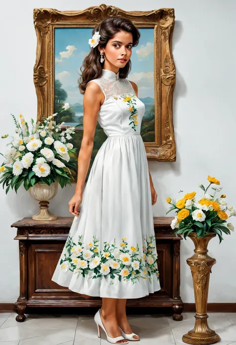 quadro de uma linda e formosa jovem usando um longo vestido florido, branco, com  flores delicadas, olhar cativante; ao lado de ...