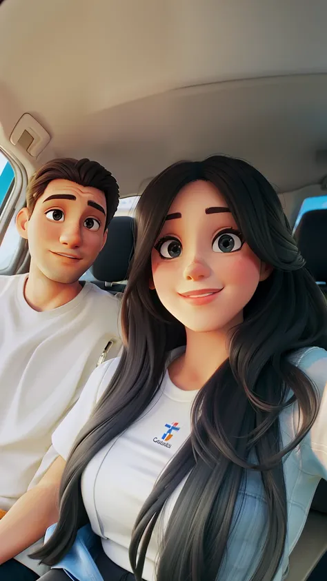 casal tirando selfie dentro do carro, a mulher de cabelo longo e olhos pretos ja o marido de cabelo loiro curto, pele clara