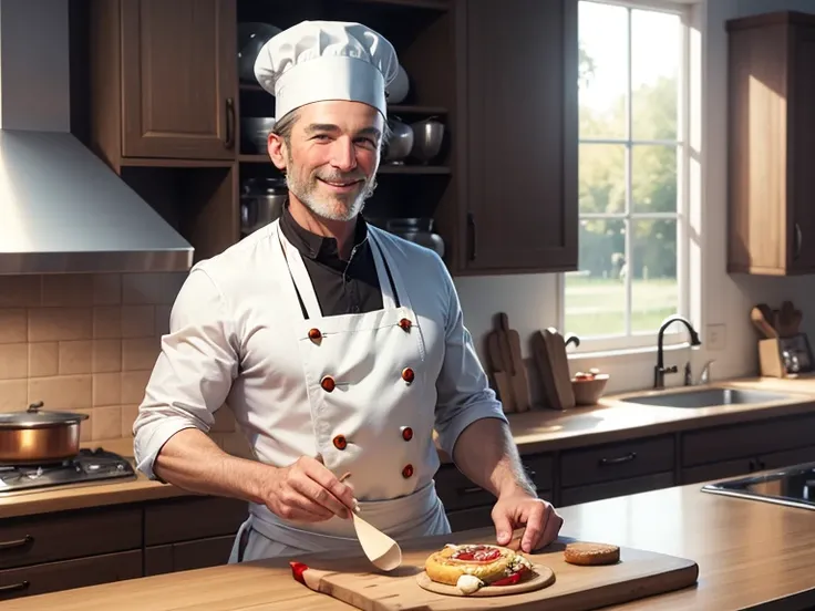 A european caucasian chief, using master cook hat,  in a clear and modern kitchen, smiling, handsome, tipical. 40 years old.