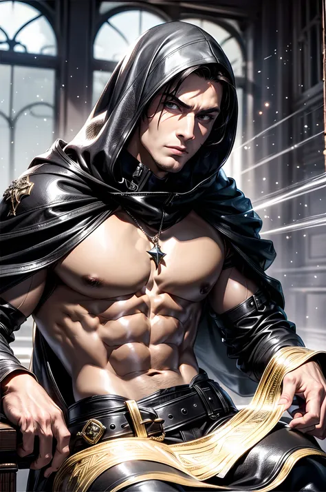 (absurderes, hight resolution, ultra-detailliert), 1 male, Adult, Handsome, High muscular face, broad shoulders, finely detailed eyes, Short black hair, Brown eyes, Black cloak, Wearing a hood, Leather Vest, Leather bag at waist.................., 2 dagger...