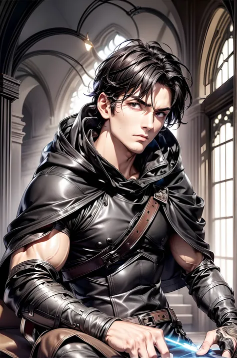 (absurderes, hight resolution, ultra-detailliert), 1 male, Adult, Handsome, High muscular face, broad shoulders, finely detailed eyes, Short black hair, Brown eyes, Black cloak, Wearing a hood, Leather Vest, Leather bag at waist.................., 2 dagger...