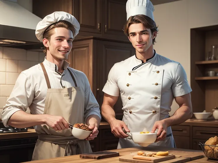 A european caucasian chief, using master cook hat, in a clear and modern kitchen, smiling, handsome, tipical. 20 years old.