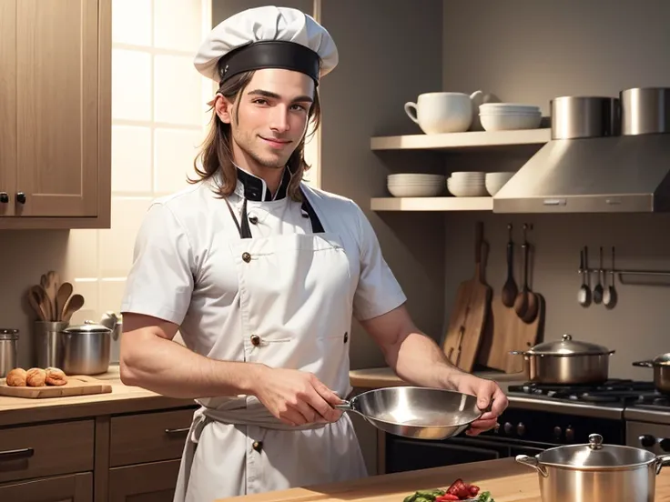 A european caucasian chief, using master cook hat, in a clear and modern kitchen, smiling, handsome, tipical. 20 years old.