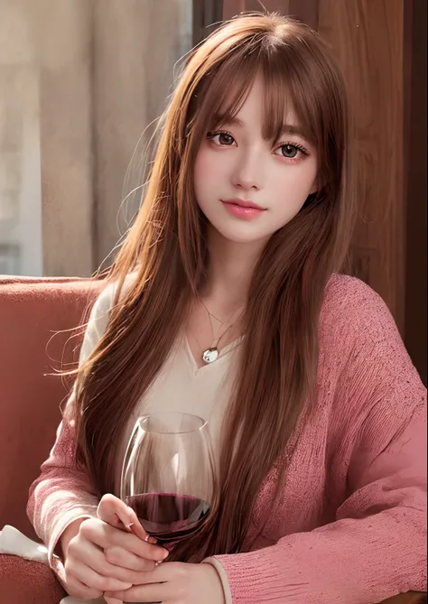 Create a realistic and vibrant illustration of a young woman enjoying a glass of wine in a cozy setting.