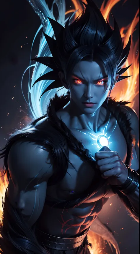 Black Garou demon god with handsome face, glowing blue hair and tattoo, glowing red eyes, transformed state mode, extreme instinct, epic anime about energy man, fire, lava , epic anime artwork, concept art Dragon Ball Universe Concept, 8k manga wallpaper, ...