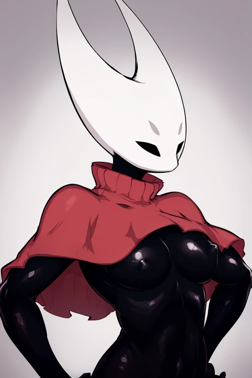 upper body, hornet, 1girl, solo, mask, closed eyes, simple background, (black skin:1.2), red capelet, turtleneck, hands on hips