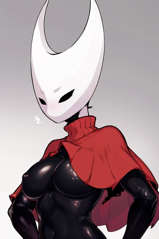 upper body, hornet, 1girl, solo, mask, closed eyes, simple background, (black skin:1.2), red capelet, turtleneck, hands on hips