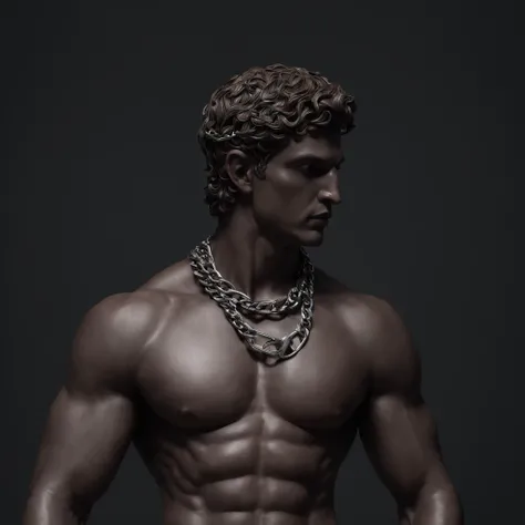 Greek god in chains statue in a dark studio, perfect body statue, man statue, minimal background, classic physique.