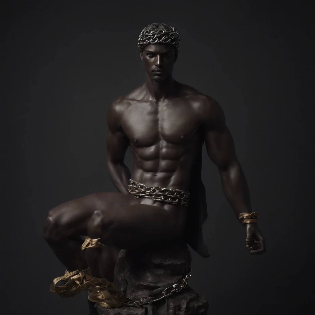 Greek god in chains statue in a dark studio, perfect body statue, man statue, minimal background, classic physique.