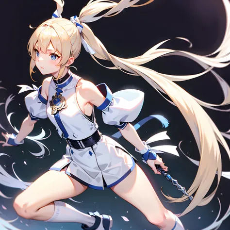 blonde, long pony tail, blue ribbon, silver chestplate, silver shoulderplates, leather tight short, white high socks, warrior, girl, floating in white background, long sword, long slim sword