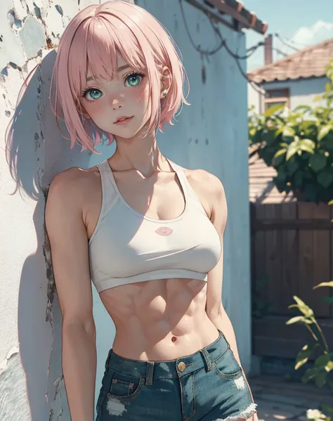 masterpiece, best quality, highres, 1 young woman, solo, /anya/,bangs,pink hair, short hair, green eyes,perfect body,abs:0.6, against wall, flat chest,(white crop top,shorts),(natural lighting),colorful,hd, focus character,(sience fiction),(white seamless ...