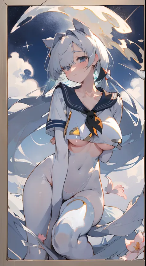 Leakage out of the collarbone，Neck leakage，a sailor suit，Pose for a photo，white backgrounid，Bigboobs，upper legs，dual horsetail，Transparent sex clothing，Color splattering，Flower frame，Decorative panels， starrysky， natta， exteriors， Clouds， Eau， Sumeru， Clou...