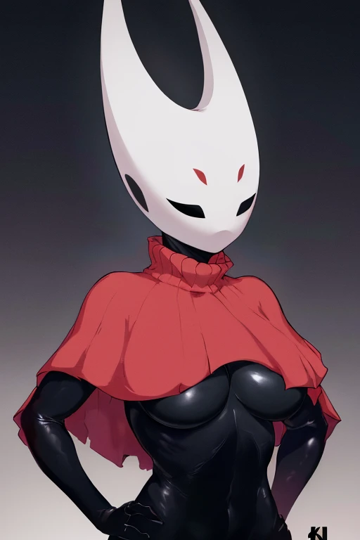 Stable Diffusion prompt:

upper body,hornet,1girl,solo,mask,closed eyes,simple background,(black skin:1.2),red capelet,turtleneck,hands on hips,(best quality,4k,8k,highres,masterpiece:1.2),ultra-detailed,(realistic,photorealistic,photo-realistic:1.37),port...