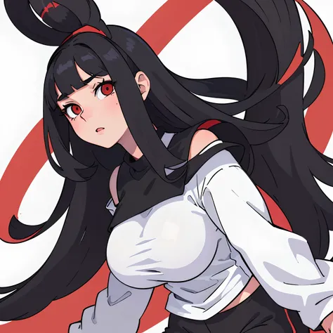 (best quality, masterpiece, illustration:1.1), [[[1girl]]], teenage woman, long black hair, giant boobs, white top, black gympants,  red eyes, beautiful, perfect body, perfect proportions, full body, idle pose, no background, tall woman.