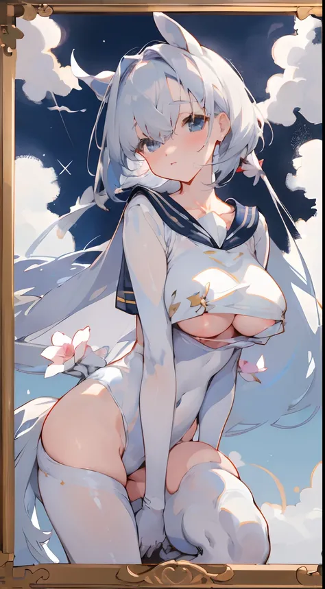 Leakage out of the collarbone，Neck leakage，a sailor suit，Pose for a photo，white backgrounid，Bigboobs，upper legs，dual horsetail，Transparent sex clothing，Color splattering，Flower frame，Decorative panels， starrysky， natta， exteriors， Clouds， Eau， Sumeru， Clou...