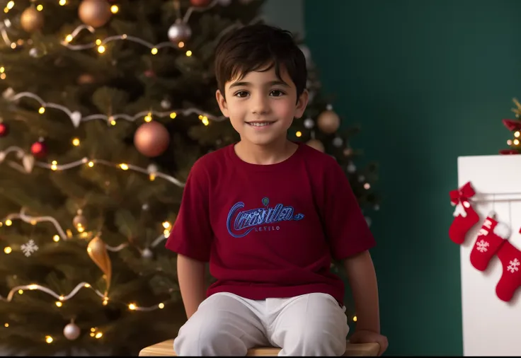 Theres a little boy sitting on a wooden bench in front of a Christmas tree, menino bonito, Retrato no meio da foto, garotada, garotinho, cabrito, Marrom, um bonito, childrens, classical portrait, childrens, vermelho marrom, cotton, menino, marrom e branco,...