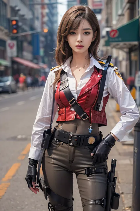 ((Top quality raw photos, reallistic, realphoto: 1.4, extremely detailed texture)), （European woman on the street, light brown shorthair), ((Police officer emblem on chest、Tight red pants,Tight-fitting pants without pockets、Tight-fitting white uniform shir...