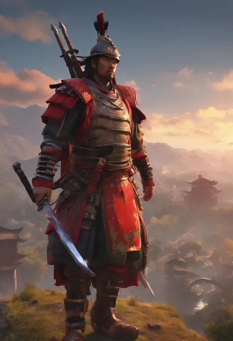 HD clear，Optimal image，illustration，超詳細，high detal，Two heavily armed samurai look up from the hill，eventide，In the daytime，，katana swords，longspear，preparing to fight，Blood dripping，Battle flag，eventide，sky-high tower