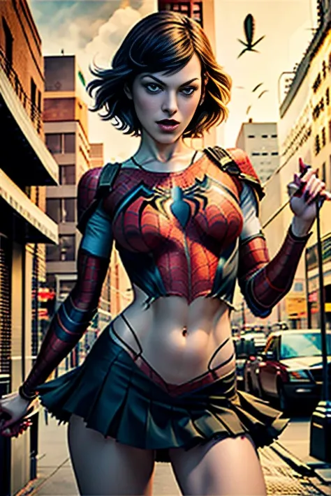 Milla Jovovich、Sticking out the navel、newyork、She wears a torn Spider-Man suit,wearing skirt、 Red and black color scheme,Dynamic、​masterpiece、top-quality、ultra-detailliert、ighly detailed、beautiful detailed brilliance、超A high resolution