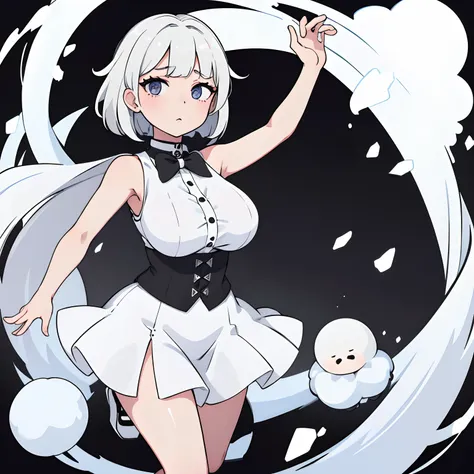 best quality, ultra high res, 1girl, sleeveless white button shirt, black skirt, black choker, cute, (Kpop idol), (aegyo sal:1), (platinum blonde hair:1), ((puffy eyes)), looking at viewer, full body, facing front. Huge boobies.