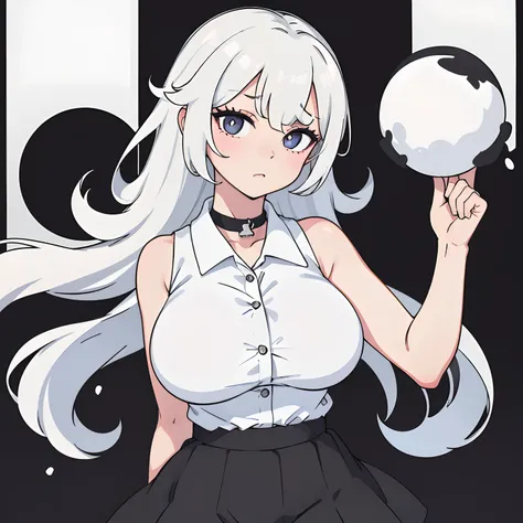 best quality, ultra high res, 1girl, sleeveless white button shirt, black skirt, black choker, cute, (Kpop idol), (aegyo sal:1), (platinum blonde hair:1), ((puffy eyes)), looking at viewer, full body, facing front. Huge boobies.