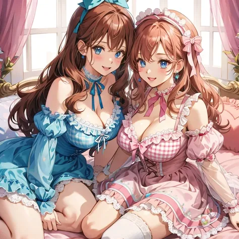 2 girls、chestnut-colored hair、fluffy and soft hair、Blue eyes、Gingham Check One Piece、setup、Colossal tits、Lace and ruffles、Retro、knee high socks、Enchanted breasts、Enchanted thighs、Pink lip、Pink Nails、Retro and cute room、heart mark、bow ribbon、Retrocute、a cho...