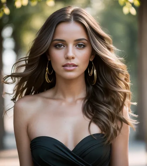 (masterpiece, best quality, high resolution:1.4), 1girl, half body, long brown wavy hair blown in the wind, wearing a black elegant dress, golden jewels, staring at camera, chapped lips, detailed eyes blue, skin pores, wrinkled skin, outside, Photography, ...