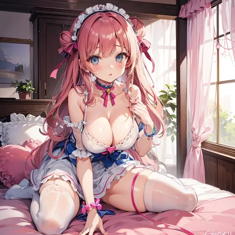 女の子1人、chestnut-colored hair、fluffy and soft hair、Blue eyes、Gingham Check One Piece、setup、Colossal tits、Lace and ruffles、Retro、knee high socks、Enchanted breasts、Enchanted thighs、Pink lip、Pink Nails、Retro and cute room、heart mark、bow ribbon、Retrocute、a choke...