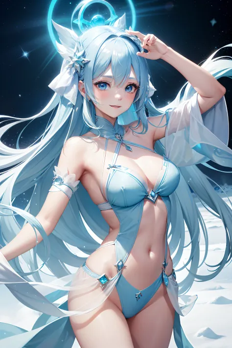 hposing Gravure Idol　a beauty girl　a smile　sky blue hair　length hair　Bright white and blue outfit　Mystical　fantasy

Spirit of Polar Light
World of ice and snow
The power of light and magic
Guardian of nature
Symbol of good luck or blessing
Butoh and music
...